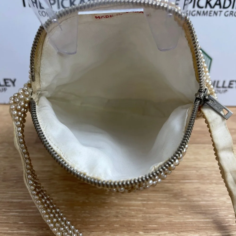 Vintage Cream Faux Pearl Beaded Round Evening Bag Made in Japan Circle Purse